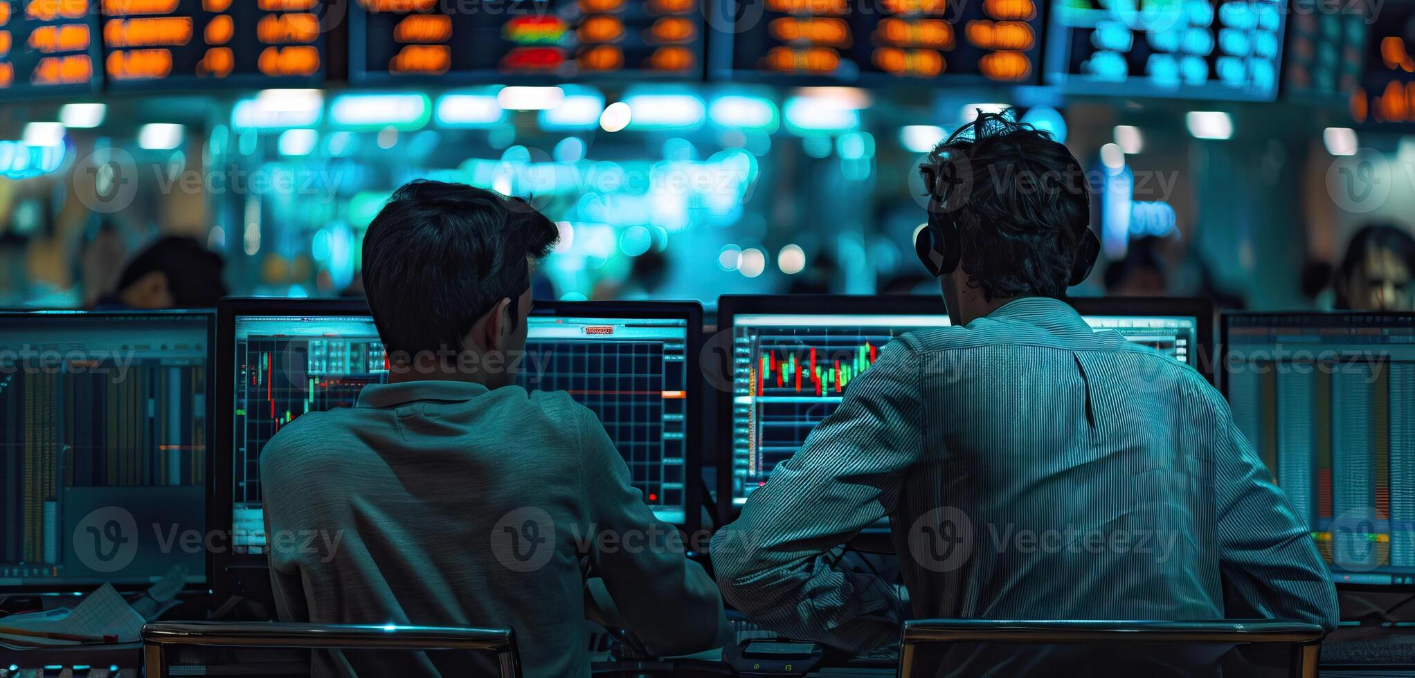 Two stock traders work at their computers on the trading floor. photo