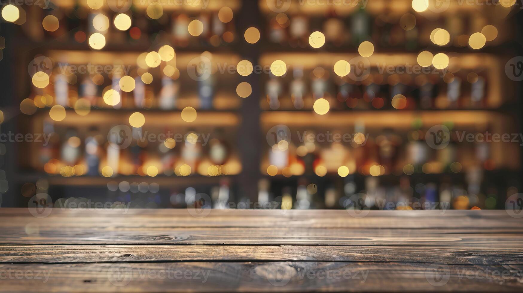 Cozy bar counter with blurry bottles and warm lighting in the background, creating a relaxed and inviting atmosphere. photo