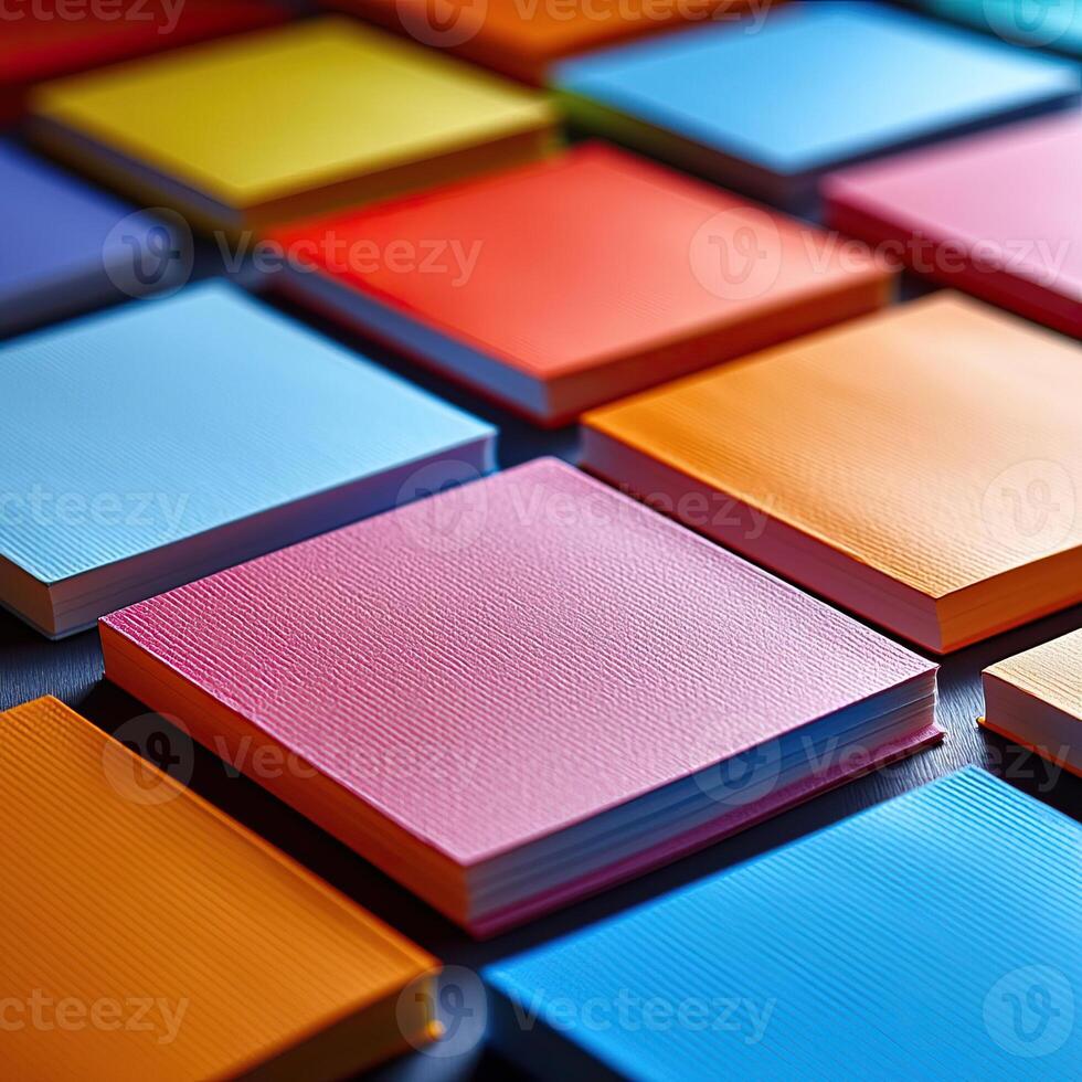 A collection of multicolored sticky note pads, with the edges perfectly aligned, creating a rainbow of potential ideas, vivid and inspiring photo