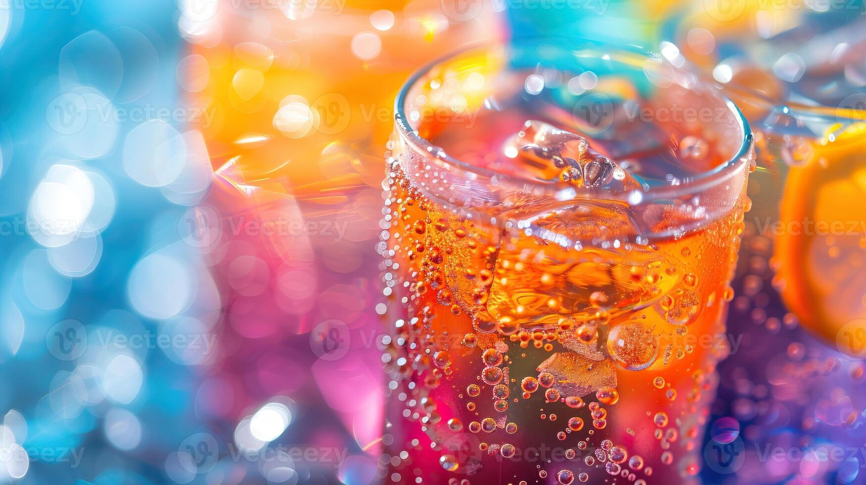 Close-up of colorful, refreshing drinks with ice cubes and bubbles, perfect for summer and party themes. photo
