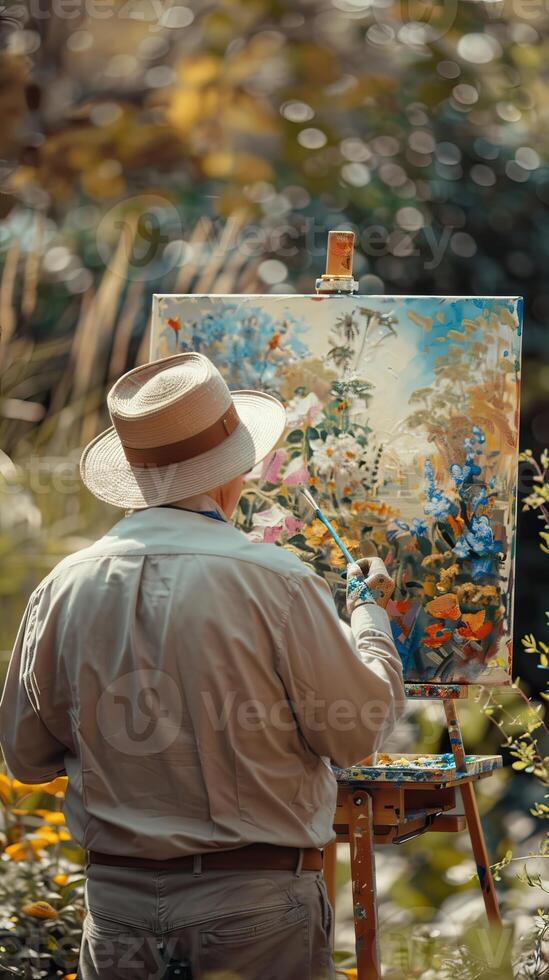 Artist painting colorful flowers on canvas in a garden setting, wearing a white shirt and hat, embracing nature and creativity, back view. photo