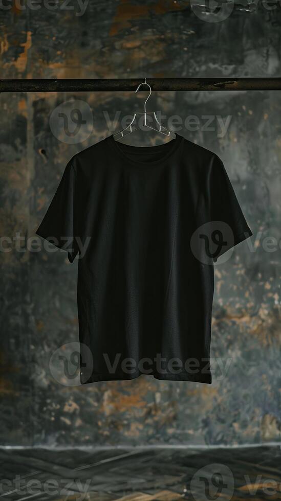 Minimalist black T-shirt hanging on a rack against a rustic background, perfect for fashion or industrial-themed stock photos. photo