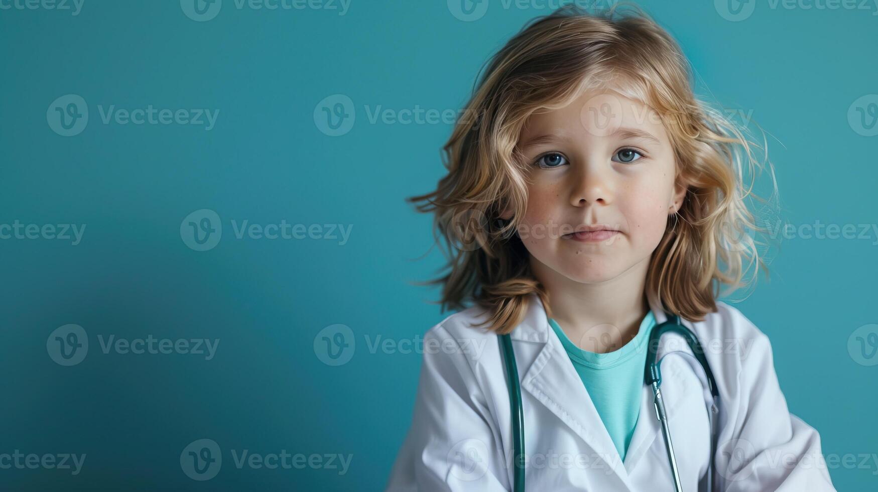 Cute young child dressed as a doctor with a stethoscope, sitting confidently in front of a blue background, representing future in healthcare. photo