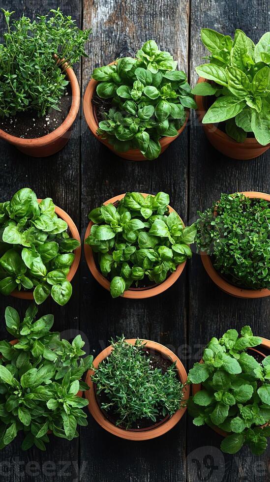 A variety of herbs and leafy greens in pots arranged around a weathered wooden surface, vibrant foliage contrasting with the rich, dark wood, fresh and inviting photo