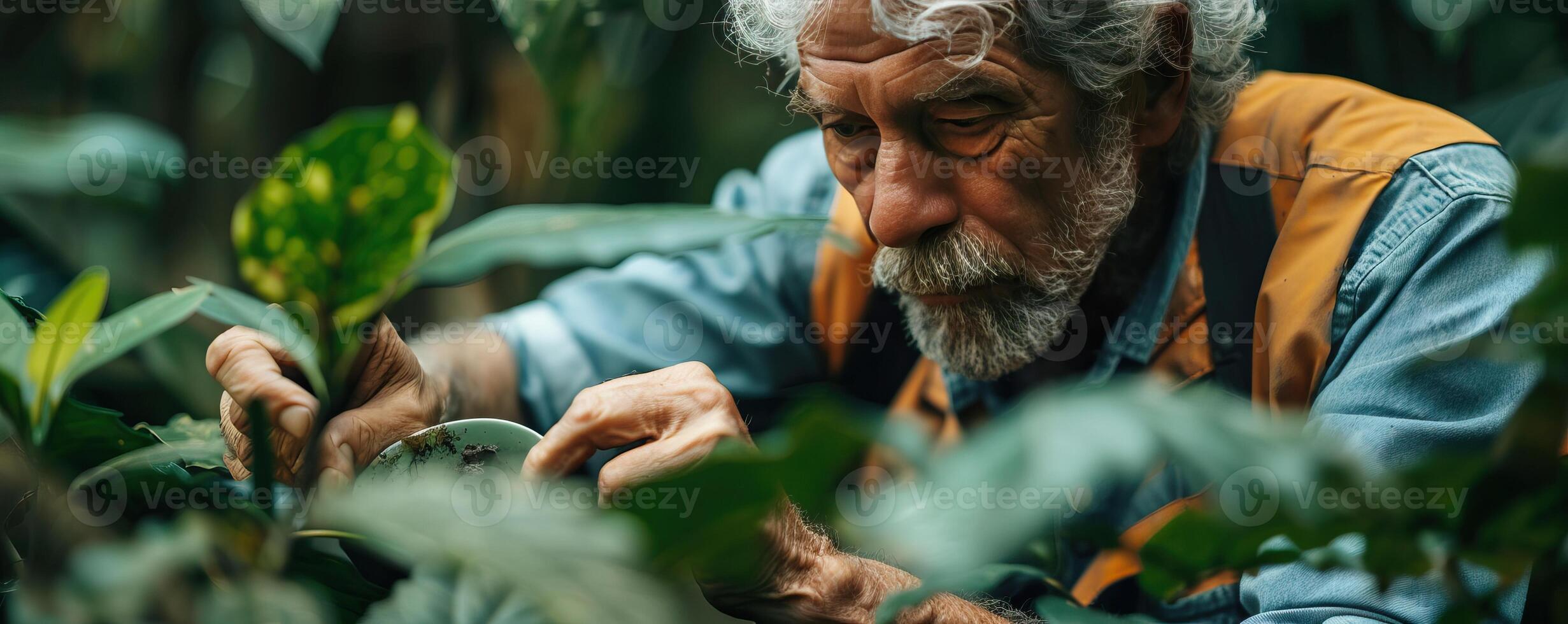 Elderly man carefully tending to plants in a lush green garden, reflecting dedication and passion for gardening and nature. photo