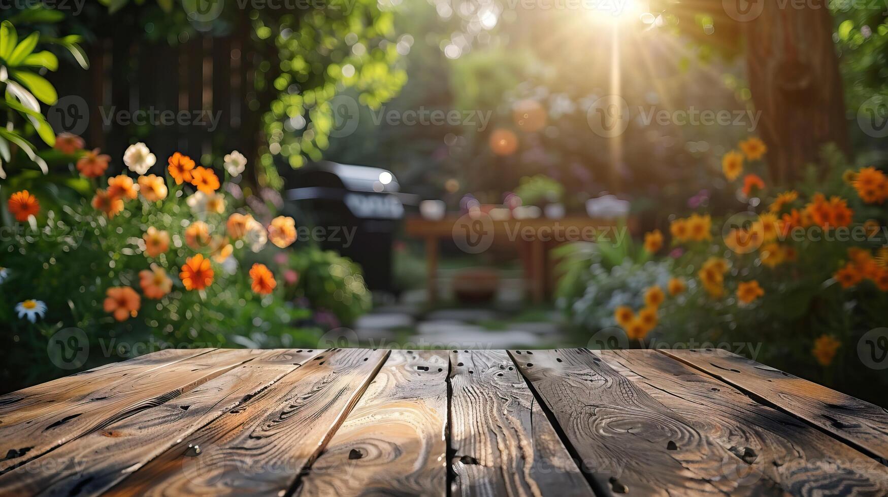 Wooden table in a blooming garden with vibrant flowers and a barbecue grill under the warm sunset light, perfect for outdoor dining and relaxation. photo