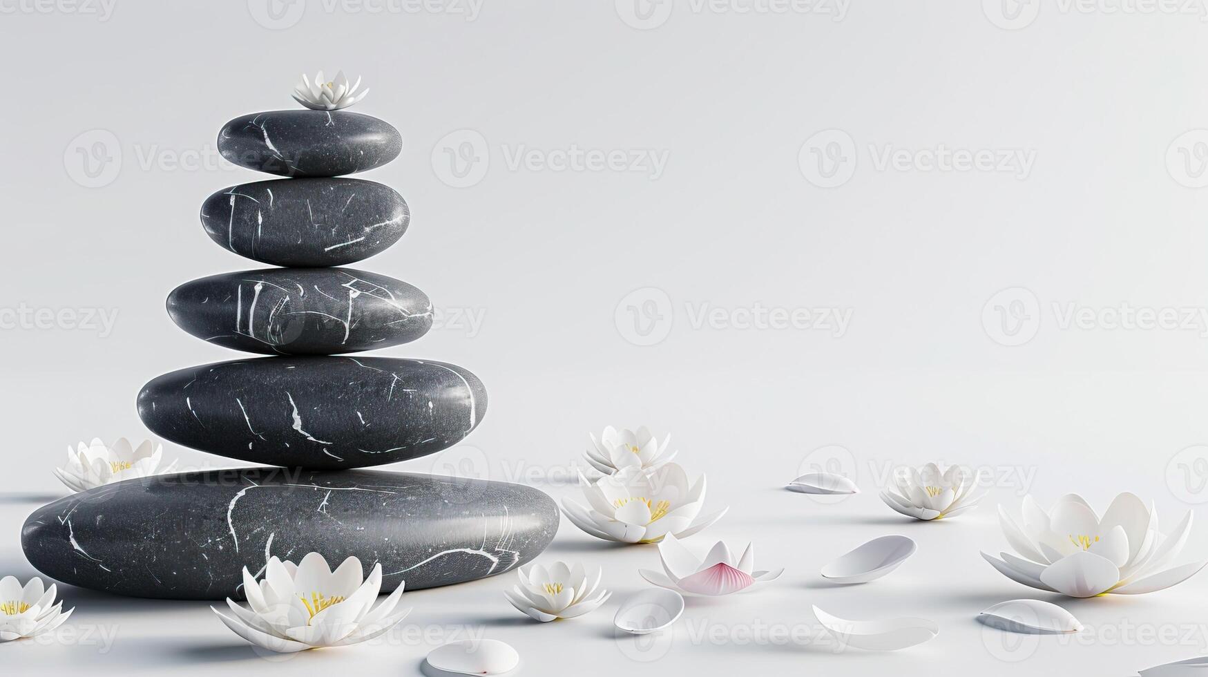 Balanced stack of Zen stones with white lotus flowers. Minimalistic composition for spa, relaxation, and mindfulness concepts. photo