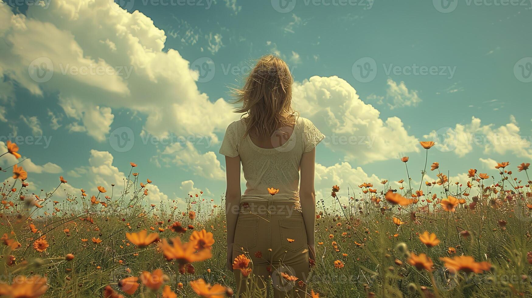 Woman standing in a beautiful field of wildflowers under a clear blue sky, gazing at fluffy white clouds. Capturing the essence of nature and tranquility. photo