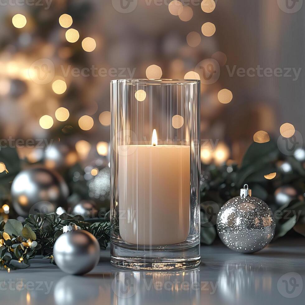 Blank clear straight candle glass on a minimalist wooden table with simple white and gold decorations, modern minimalist Christmas mockup, refined and understated photo