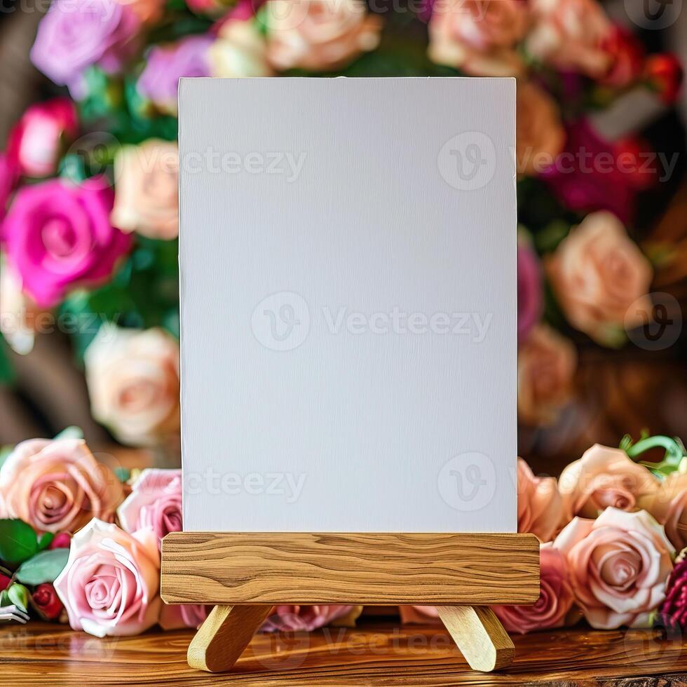 Blank wooden frame on wooden table with blurred roses background photo