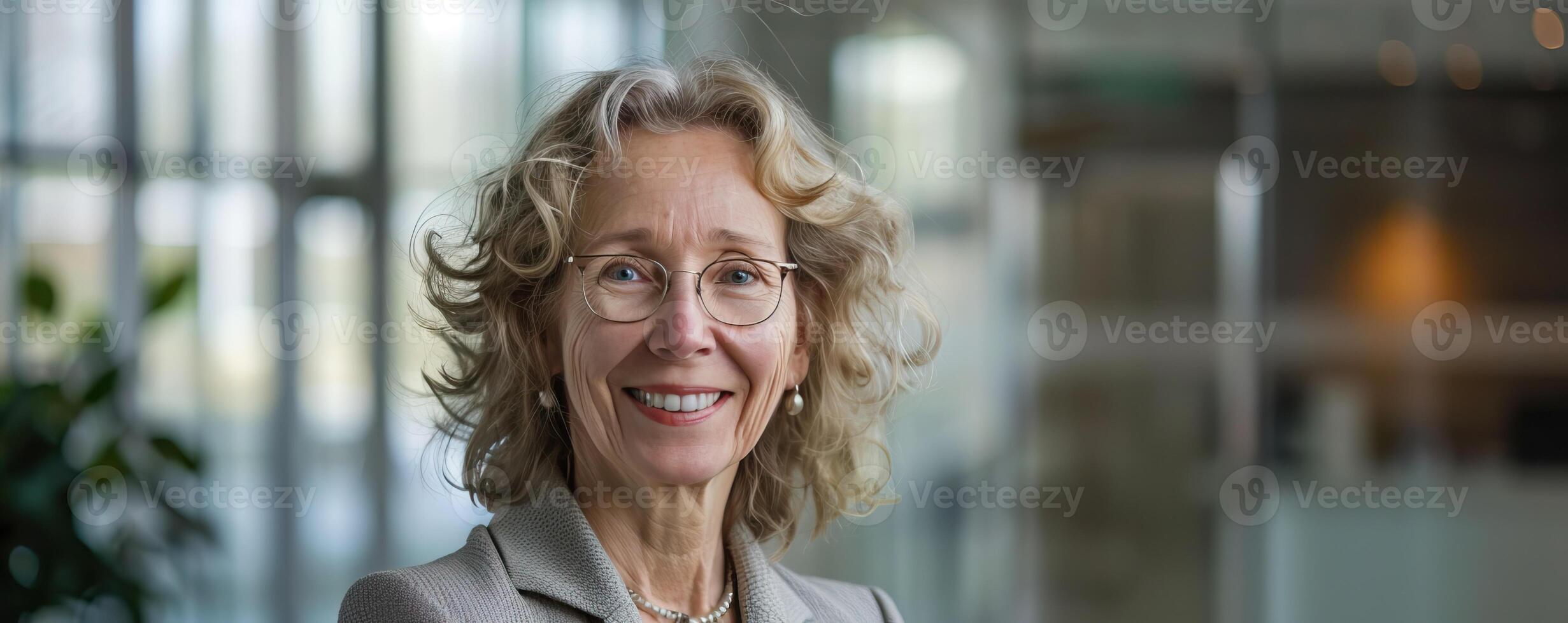 Confident senior woman in formal attire, smiling in a modern office environment, representing professional work culture and experience. photo