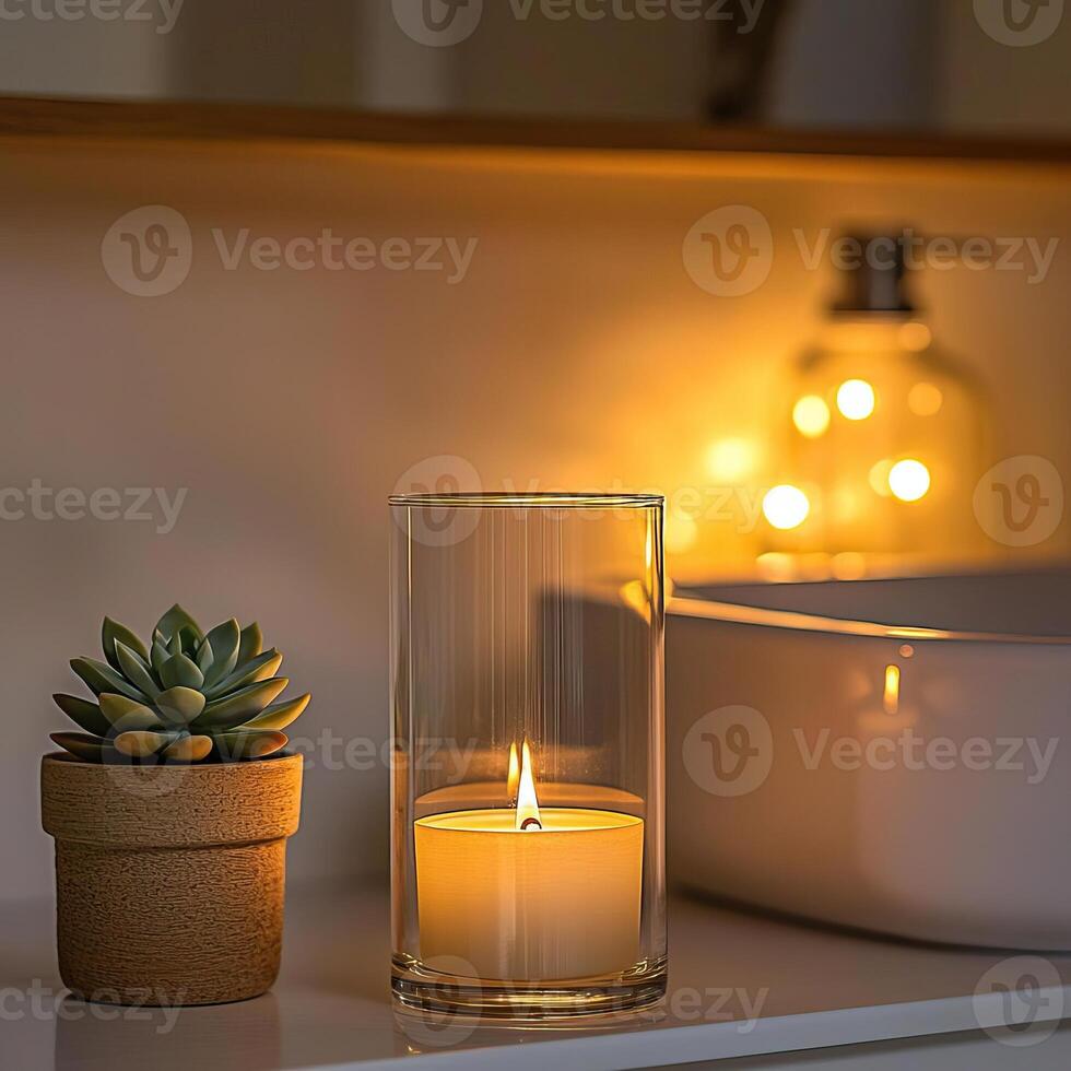 blanco claro Derecho vela vaso rodeado por un apilar de libros, un pequeño florero con flores, y calentar ambiente Encendiendo, moderno calentar dormitorio Bosquejo, elegante y acogedor foto