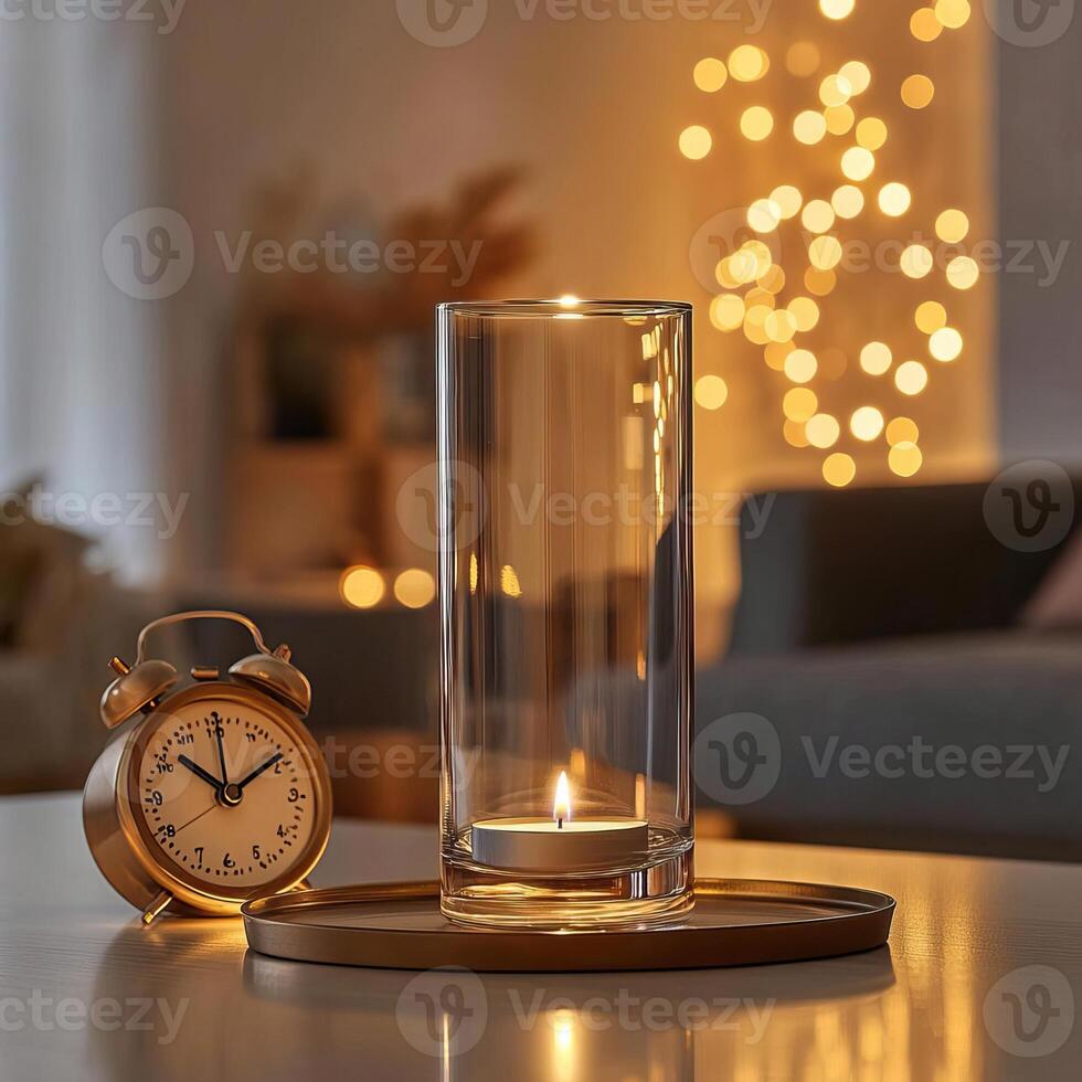 Blank clear straight candle glass on a table with a minimalist clock, a small decorative tray, and warm glow lights, modern warm living room mockup, sleek and inviting photo