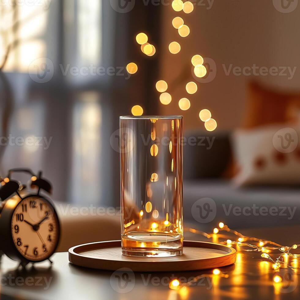 Blank clear straight candle glass on a table with a minimalist clock, a small decorative tray, and warm glow lights, modern warm living room mockup, sleek and inviting photo