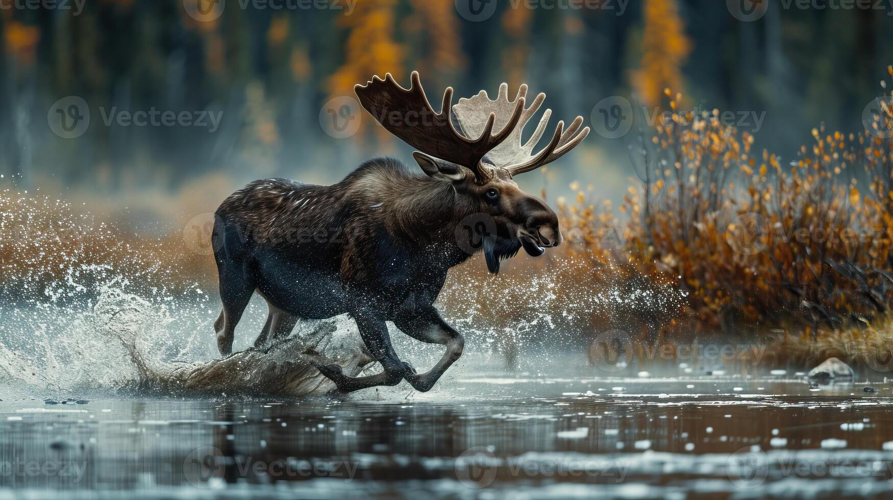 Majestic moose splashing through a forest lake during autumn, with vibrant fall foliage in the background. photo