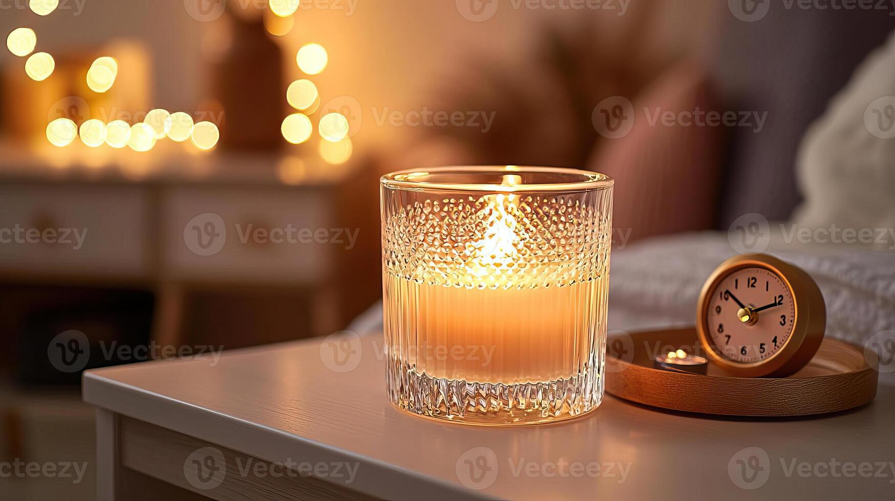 blanco claro Derecho vela vaso en un mesita de noche con un minimalista reloj, un pequeño decorativo bandeja, y calentar resplandor luces, moderno calentar dormitorio Bosquejo, pulcro y atractivo foto
