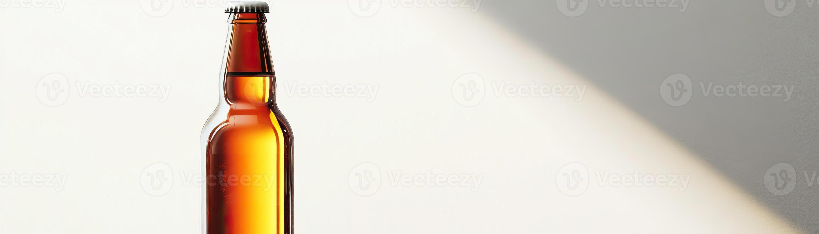 1 A highkey image of a craft beer bottle, light streaming through to highlight its contents, set against a stark white background, broad space on the left for promotional text photo