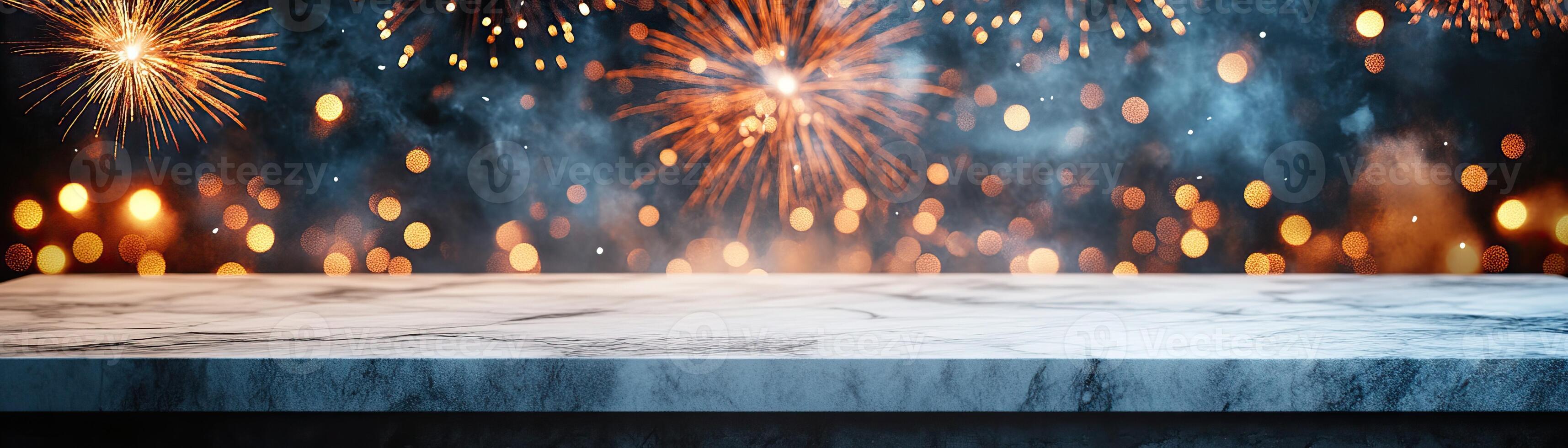 Marble counter mockup with a New Year celebration background featuring vibrant fireworks lighting up the night sky, editorial photography, empty copy space on the right photo