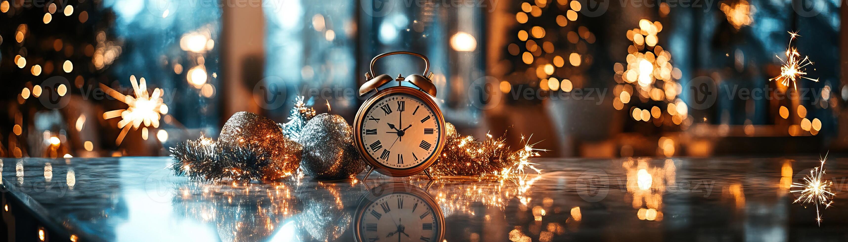 Festive marble counter mockup with a backdrop of a clock striking midnight photo