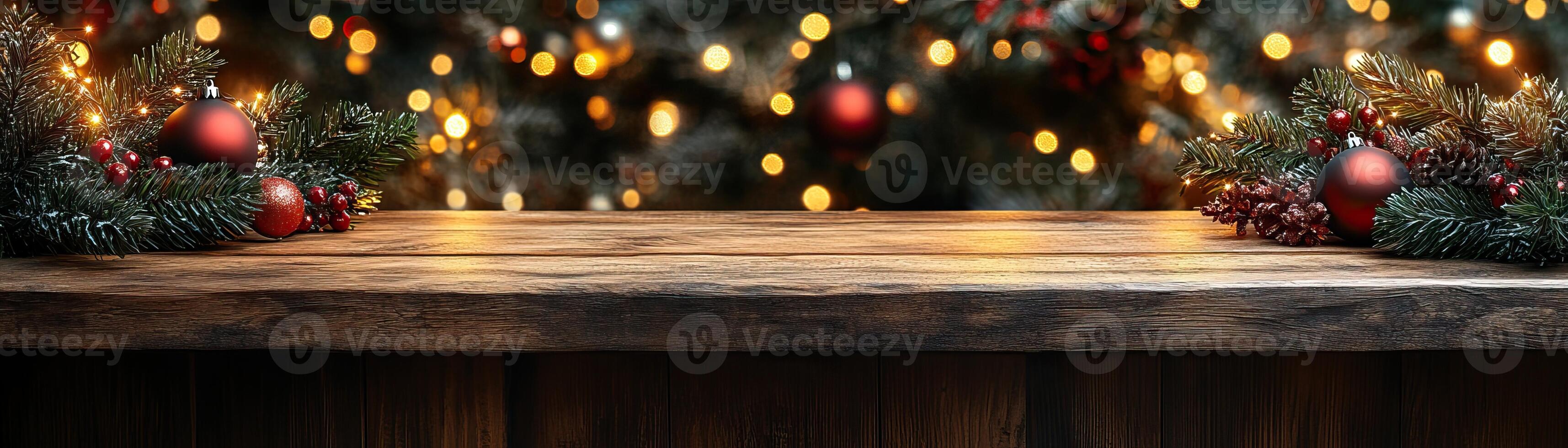 Wooden counter mockup with a Christmas background featuring twinkling fairy lights, festive ornaments, and pine branches, editorial photography, empty copy space on the right photo