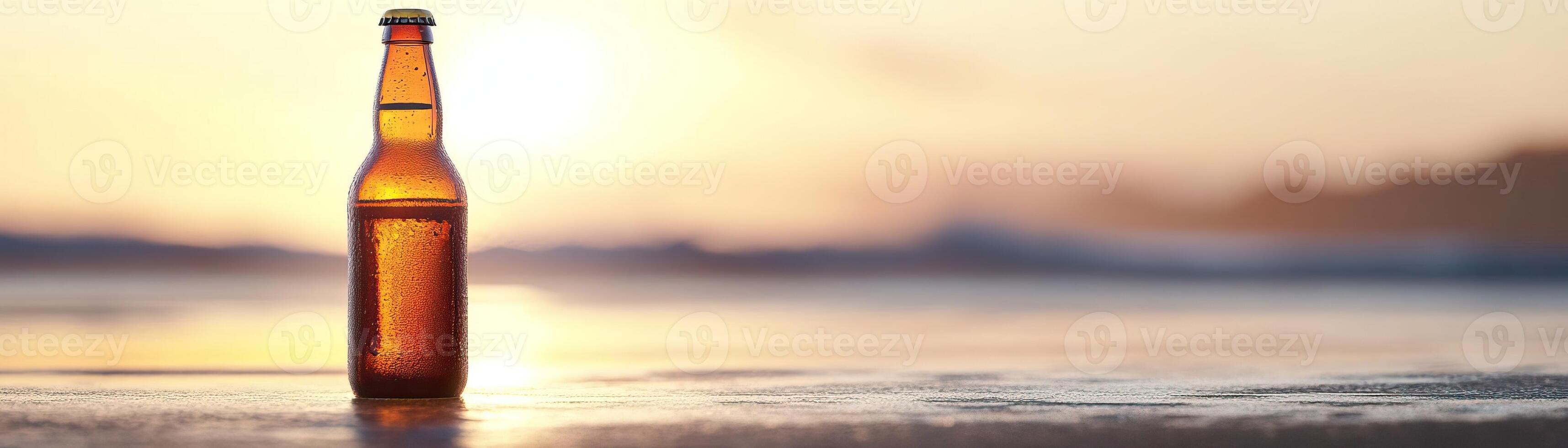 1 A minimalist shot focusing on the silhouette of a craft beer bottle, set against a soft, light background, ample panoramic space for advertising content photo