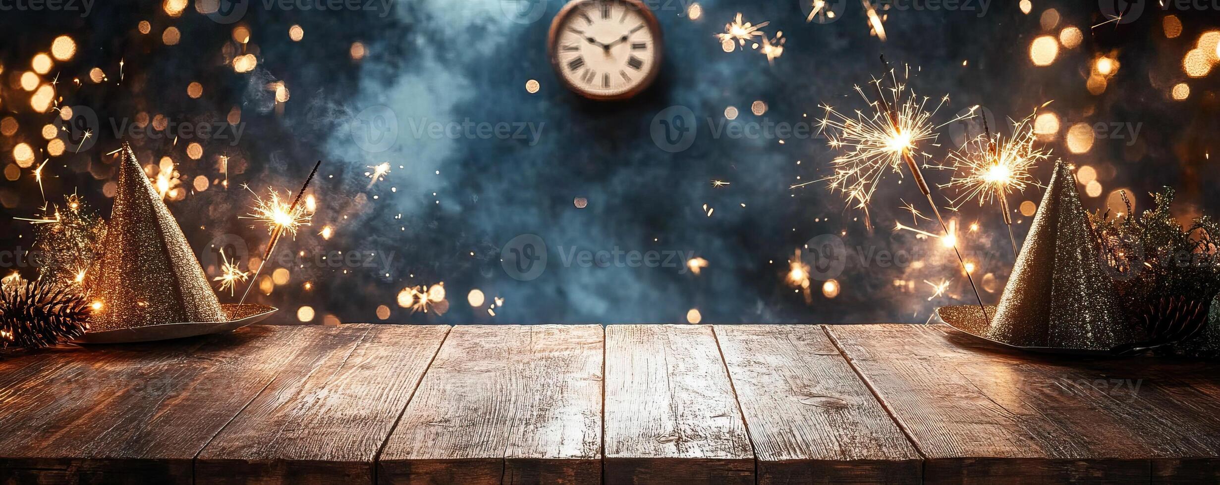 Festive wooden counter mockup with a backdrop of a clock striking midnight photo