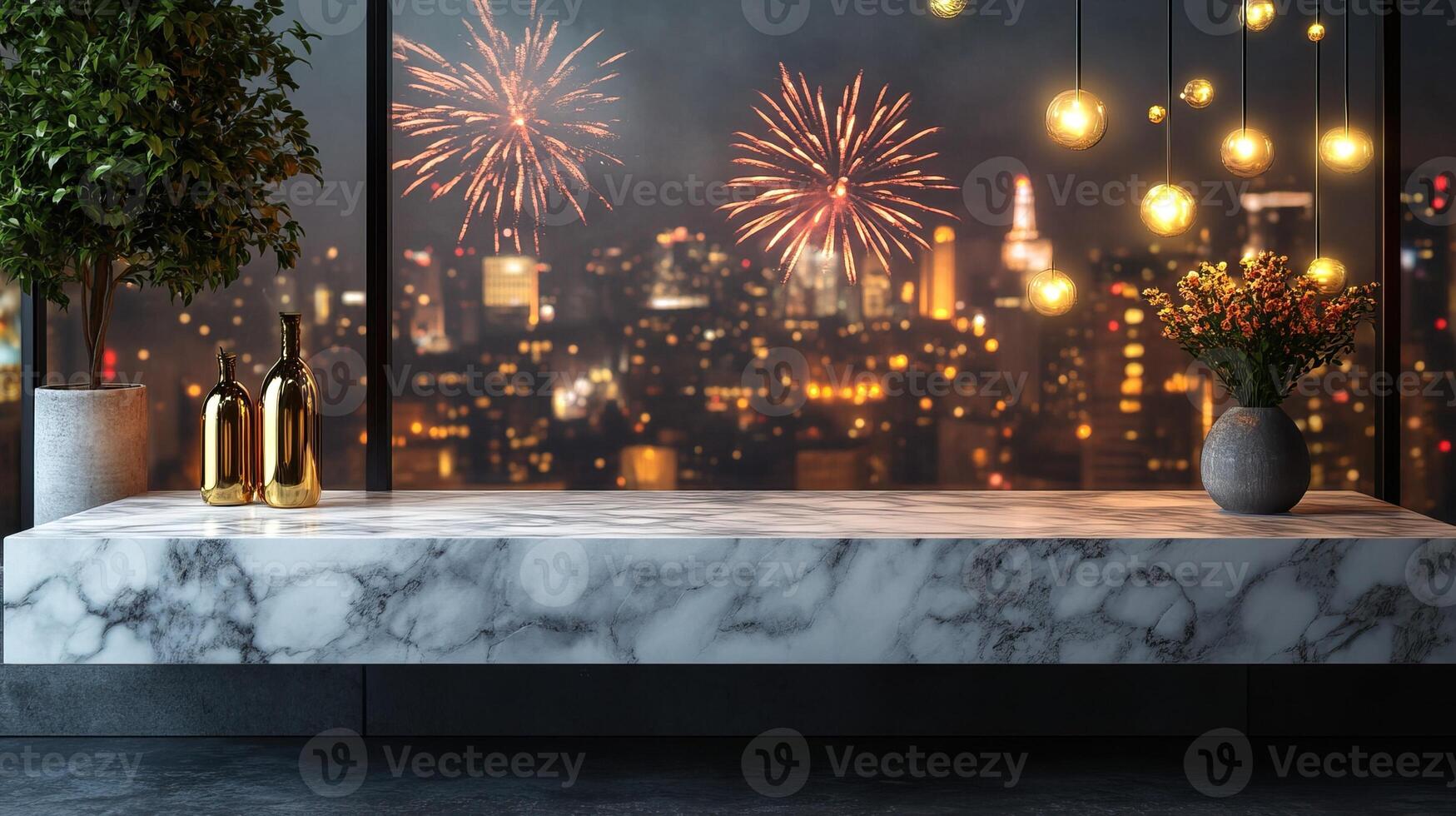 Marble counter mockup set against a New Year celebration scene with a bustling cityscape photo