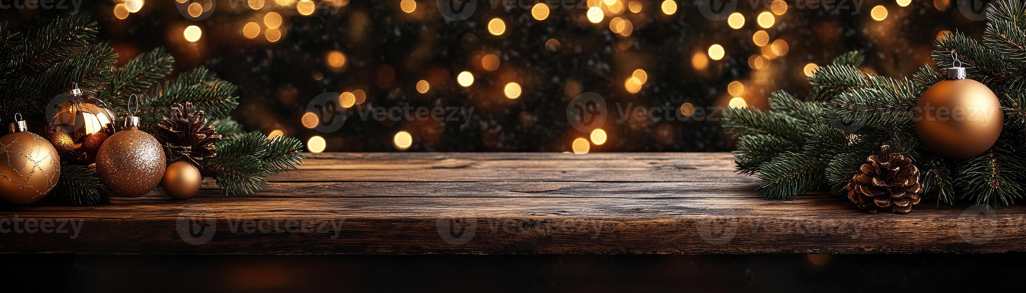 Wooden counter mockup with a Christmas background featuring twinkling fairy lights, festive ornaments, and pine branches, editorial photography, empty copy space on the right photo