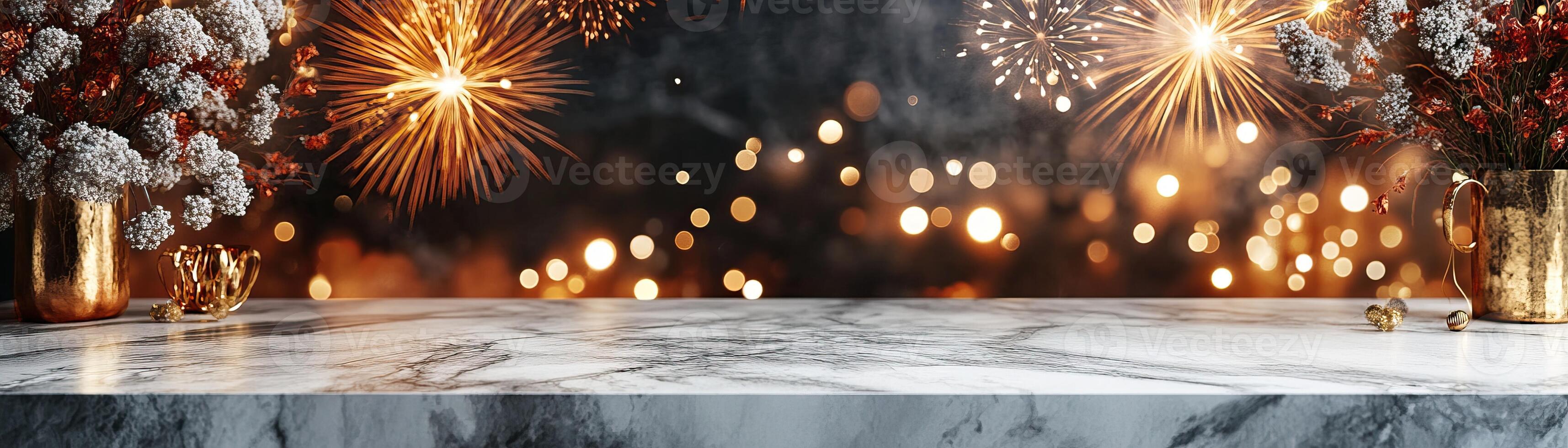 Marble counter mockup with a New Year celebration background featuring vibrant fireworks lighting up the night sky, editorial photography, empty copy space on the right photo