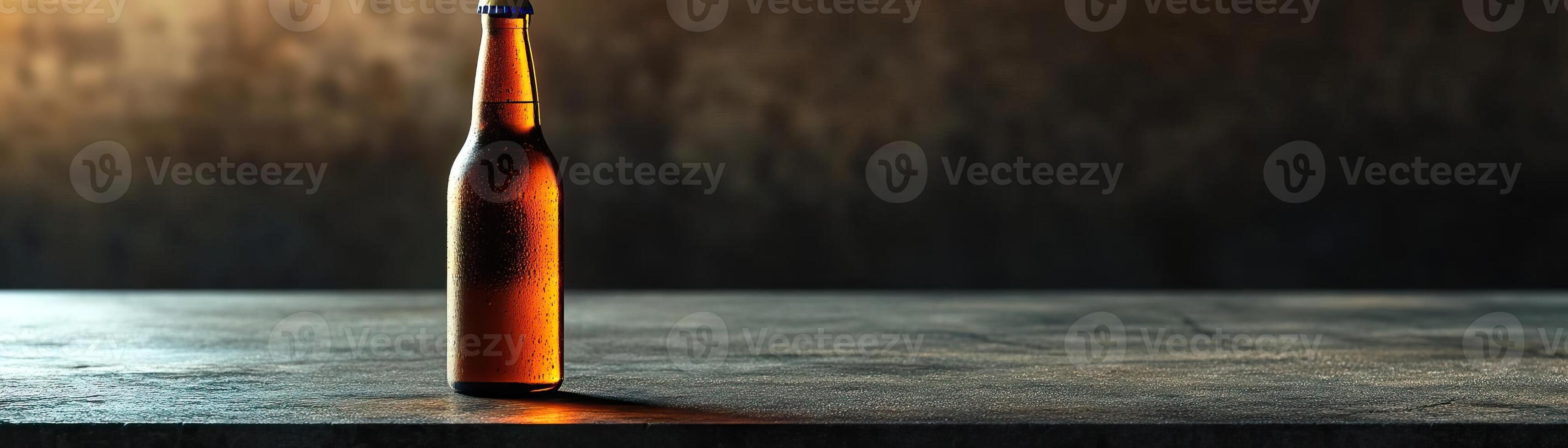 1 A sleek, contemporary craft beer setup, the bottle set on a polished concrete table, ambient light highlighting the texture of the beer, ample space above for minimalist text photo
