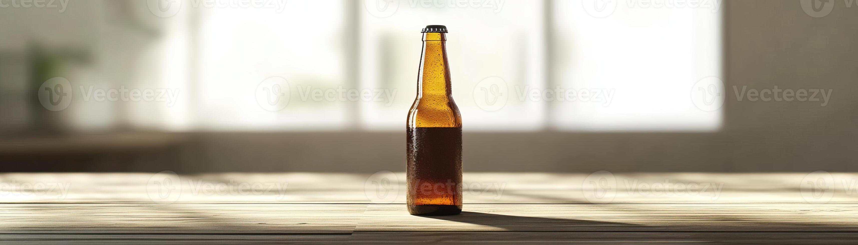 1 A minimalist shot focusing on the silhouette of a craft beer bottle, set against a soft, light background, ample panoramic space for advertising content photo