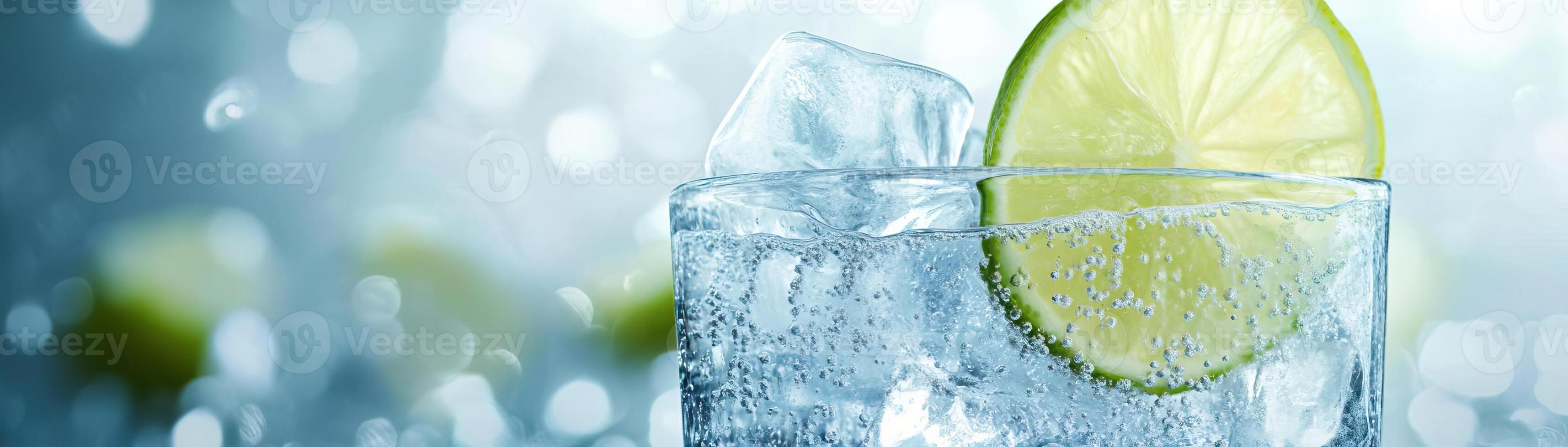 1 A detailed shot of a gin tonic, emphasizing the fizz and the ices clarity, set against a clean, neutral backdrop, extensive space on the right for copy photo
