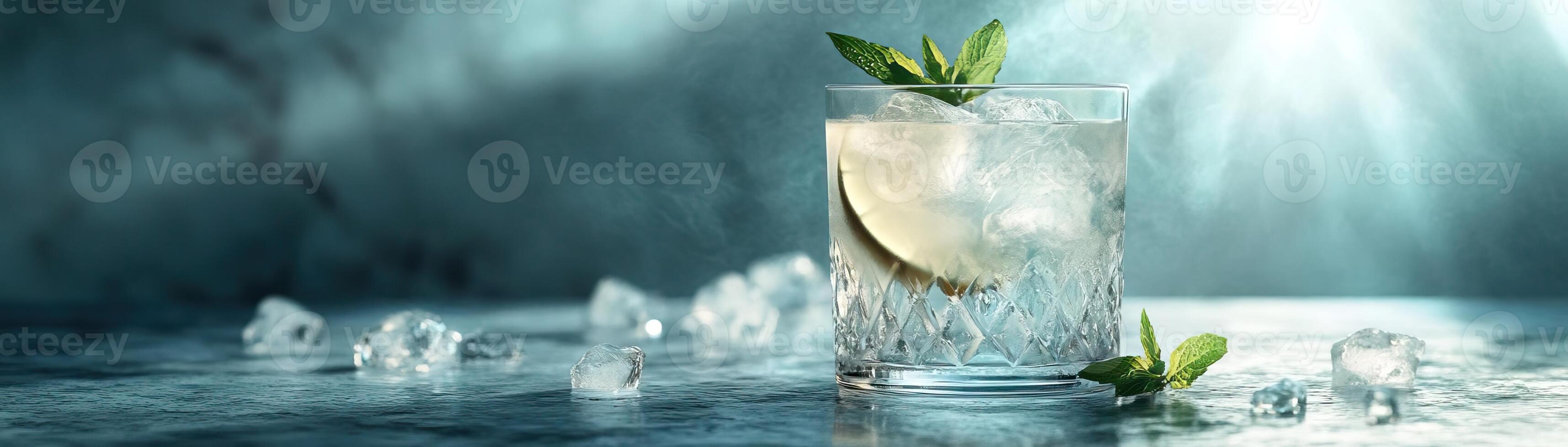 1 A contemporary gin tonic setup, the drink set on a polished concrete slab, ambient light accentuating the clarity of the drink, ample space above for minimalist text photo