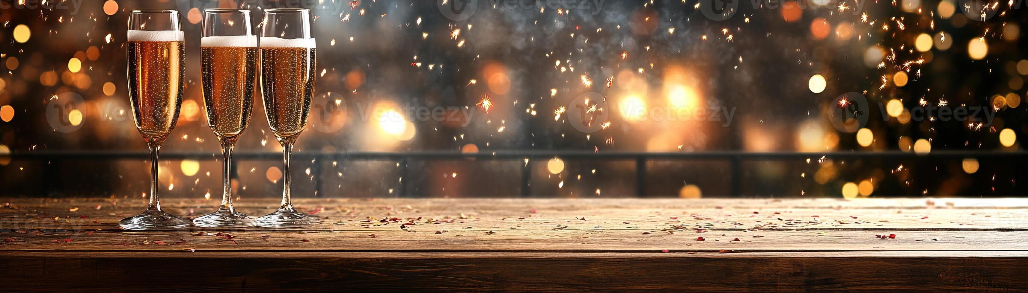 Wooden counter mockup with a New Year celebration background featuring fireworks lighting up the night sky, editorial photography, empty copy space on the right photo