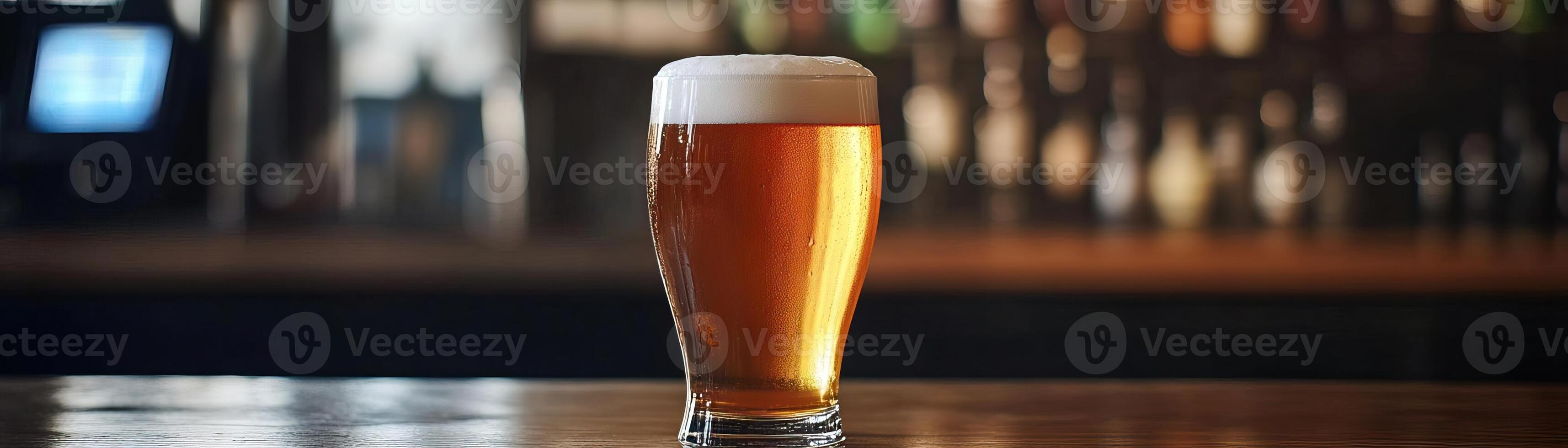 1 A detailed shot of a craft beer glass at a bar, emphasizing the foams creamy texture, set against a clean, neutral backdrop, extensive space on the right for copy photo