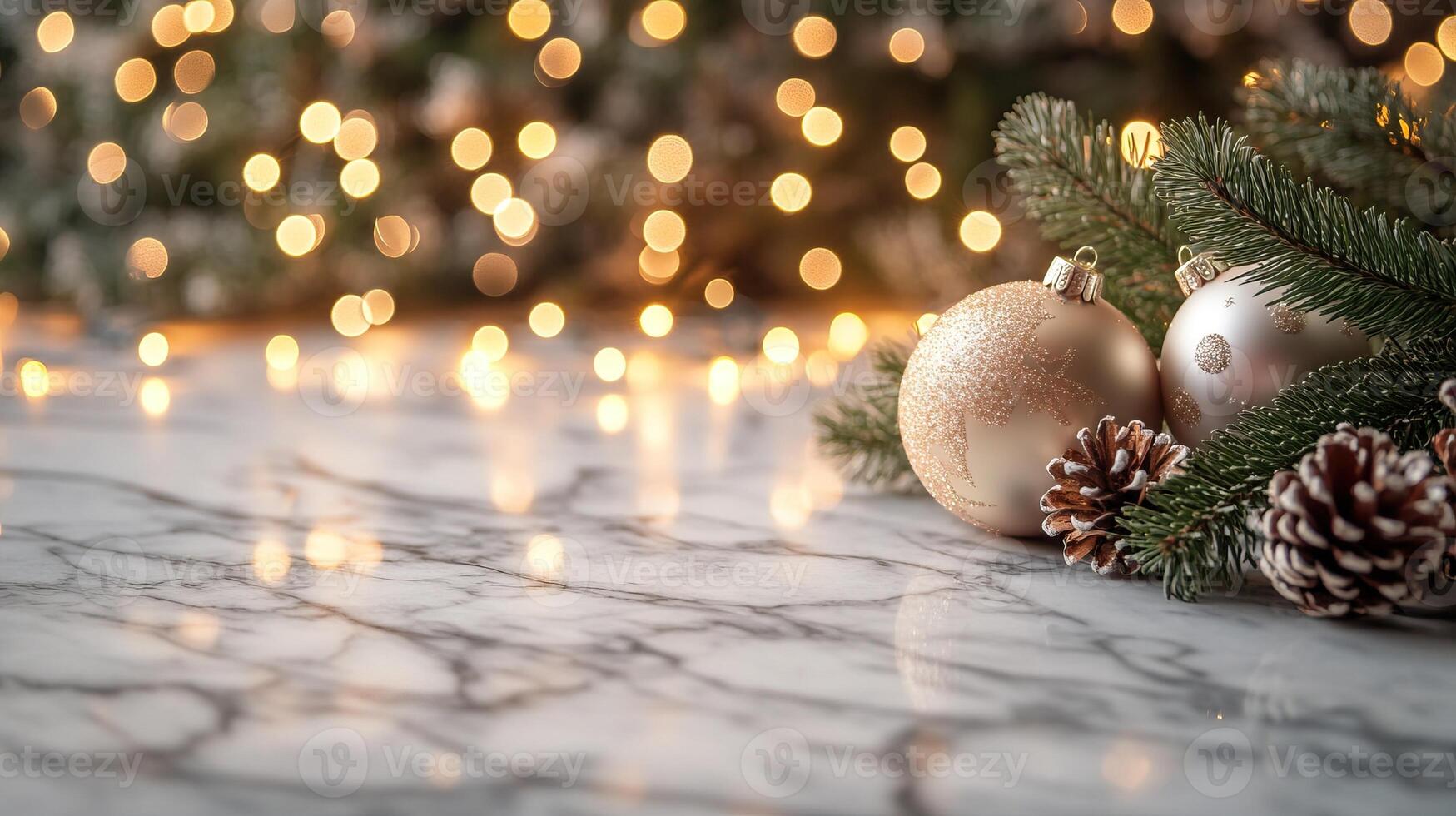 Marble counter mockup with a Christmas background featuring twinkling fairy lights, festive ornaments, and pine branches, editorial photography, empty copy space on the right photo