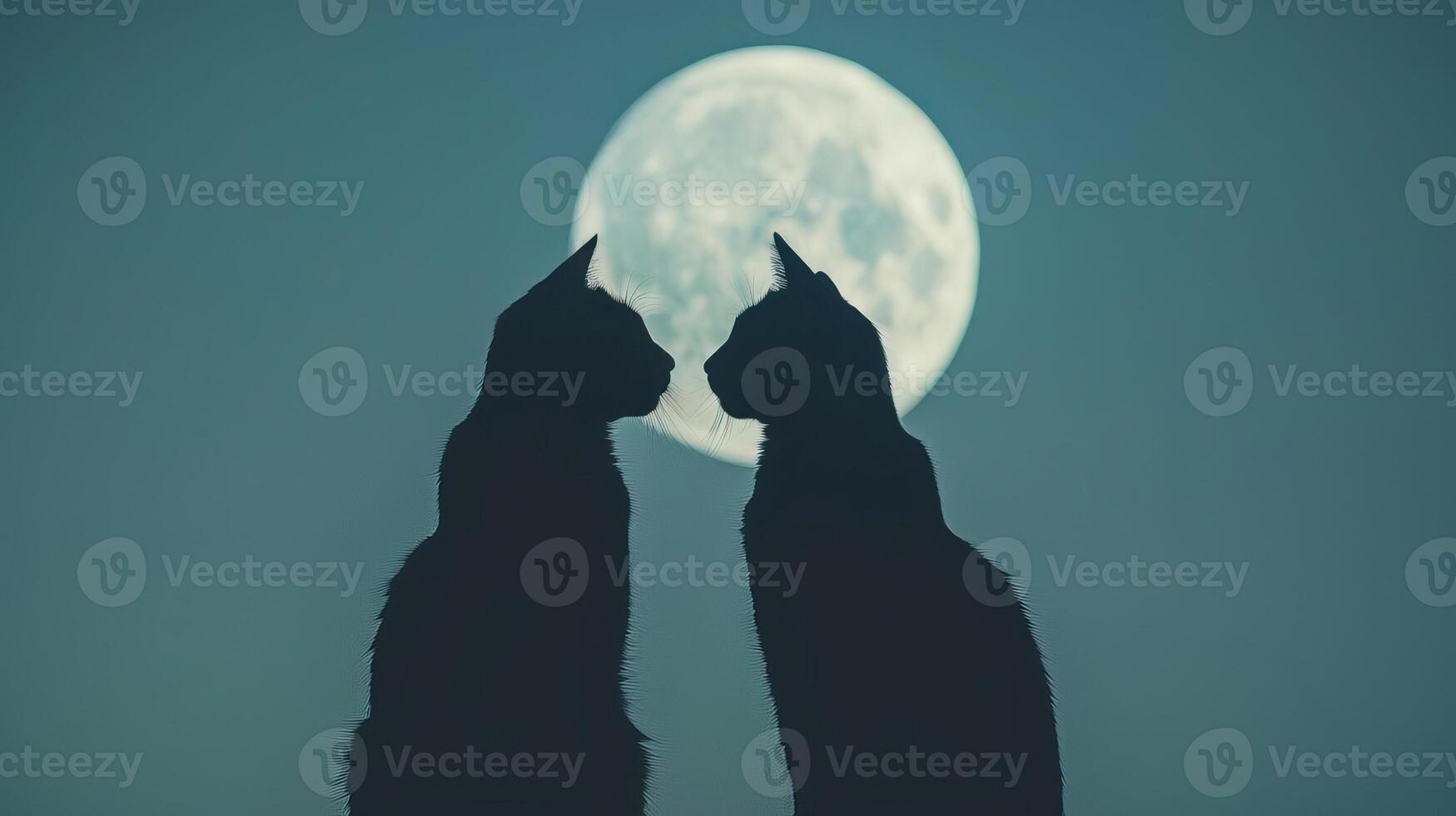 Close-up of black cat silhouettes against a moonlit background, creating a chilling and mysterious scene, editorial photography, empty space for text on left photo