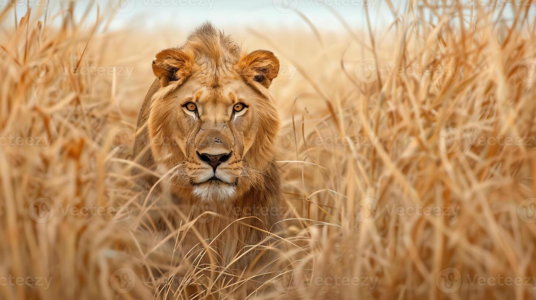 African lion stalking its prey through the tall savannah grass, showcasing predatorprey interaction, Wildlife in Natural Habitat, editorial shot, empty copy space for text on side photo