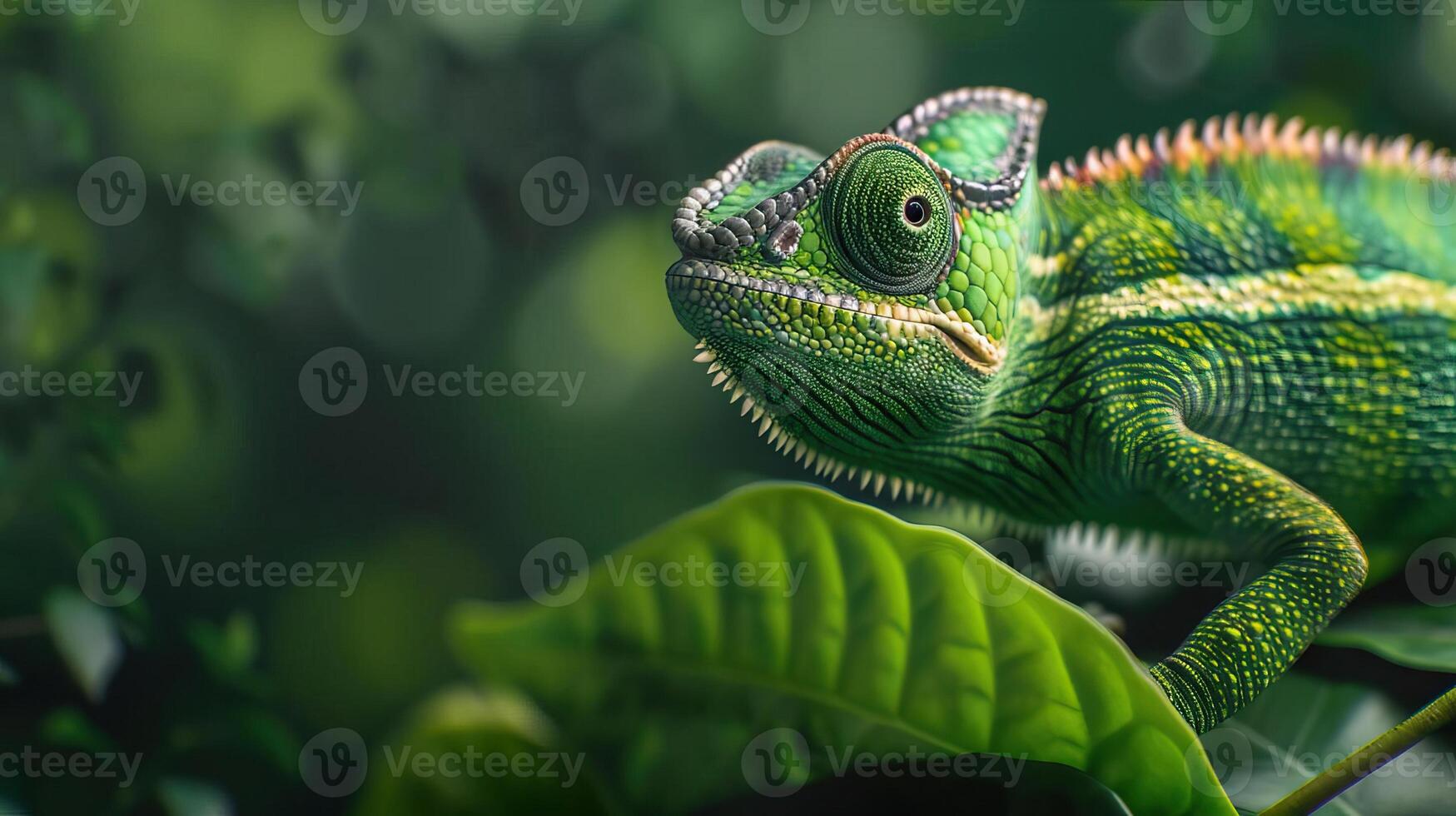 Chameleon blending seamlessly into its leafy environment, highlighting camouflage abilities, Wildlife in Natural Habitat, editorial photography, empty space for text on side photo