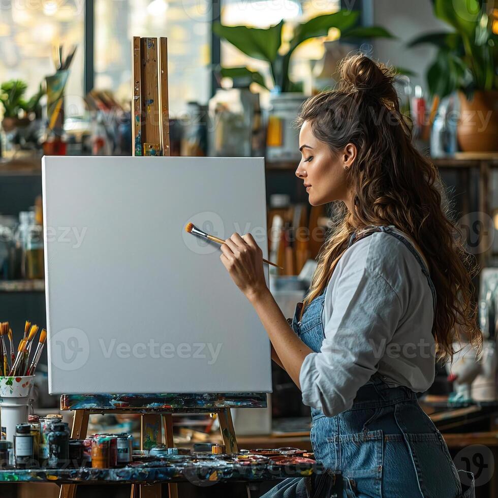 Artist in a contemporary studio, brush poised above a blank canvas, taking the first step in creating her artwork, creative hobby, focused and inspired photo