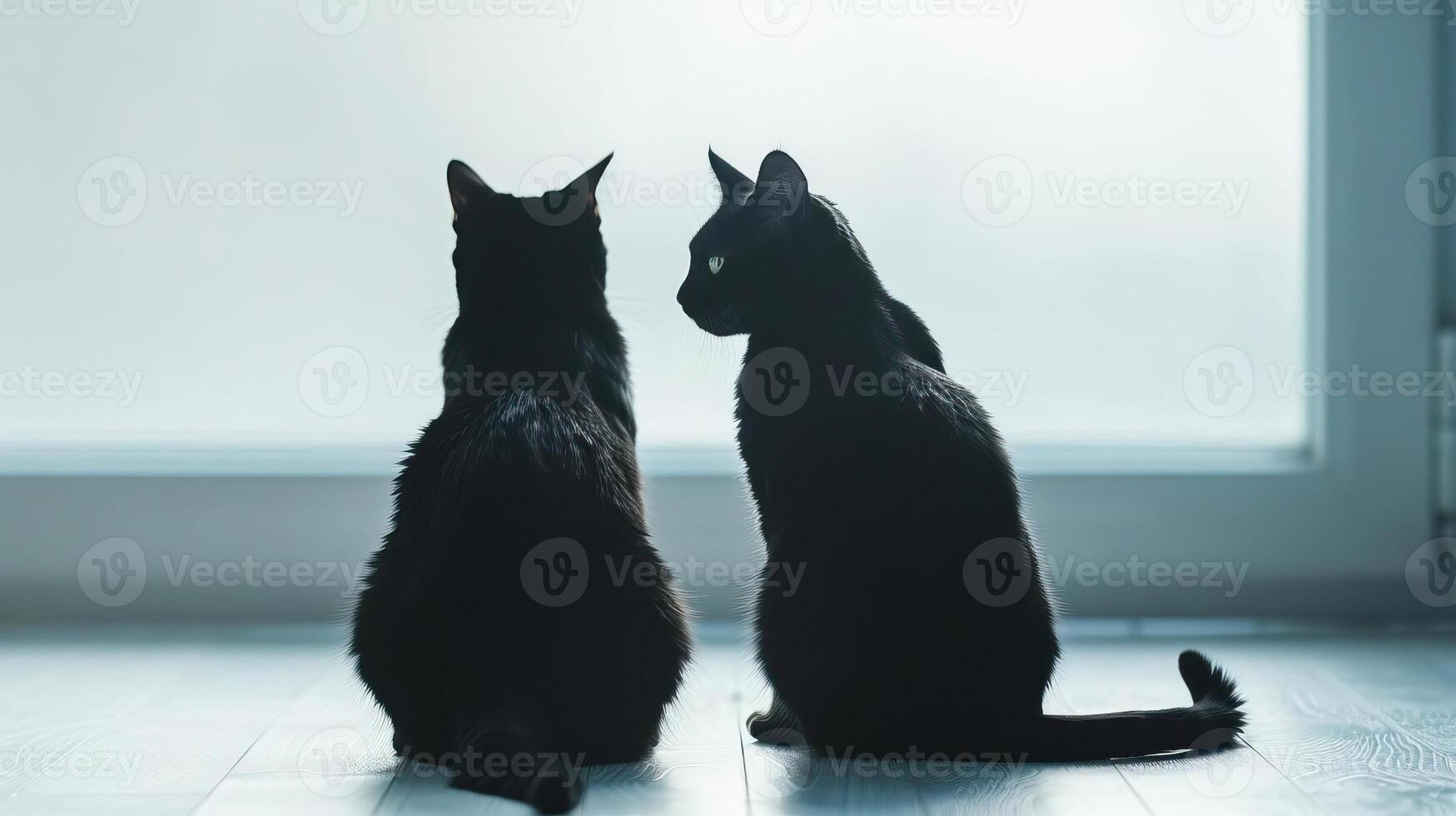 Black cat silhouettes with arched backs and poised tails, haunting and enigmatic, editorial shot, empty copy space for text photo