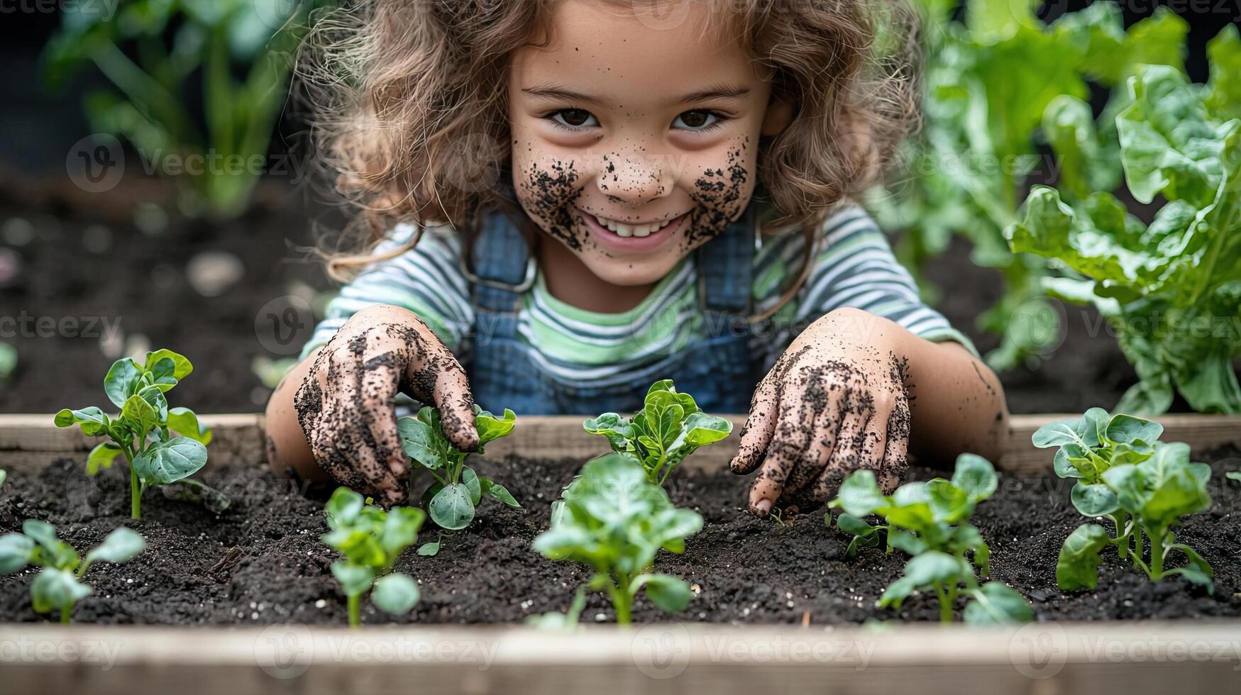 Child with a dirt-covered face, joyfully tending to small vegetable plants in a raised bed with bare hands, childhood gardening, happy and connected to nature photo