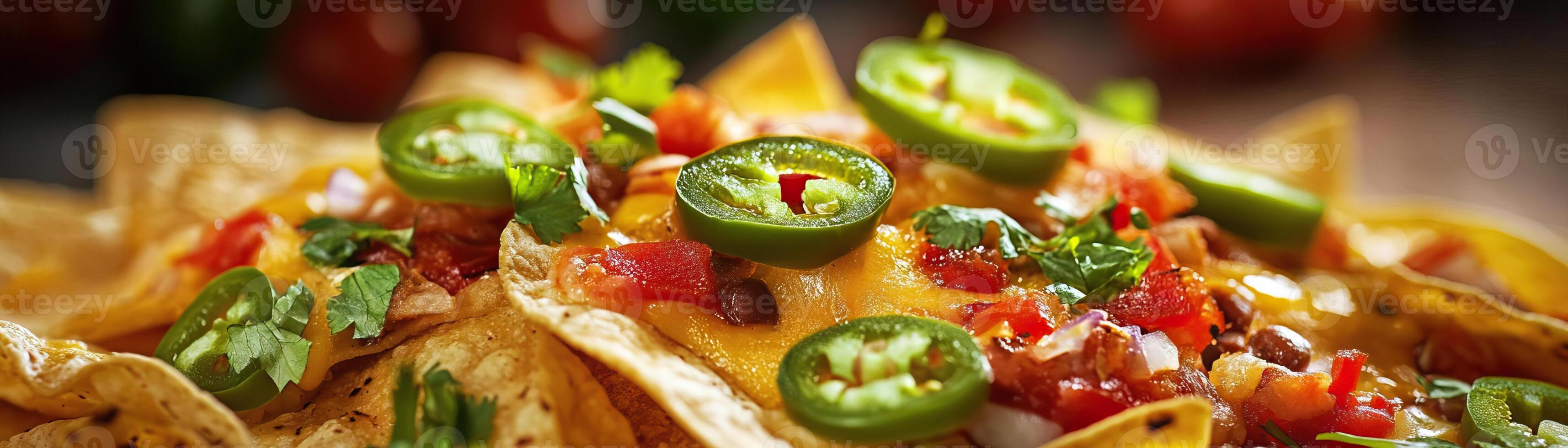 A delicious plate of nachos topped with cheese, tomatoes, jalapenos, and fresh herbs, perfect for sharing at any gathering. photo