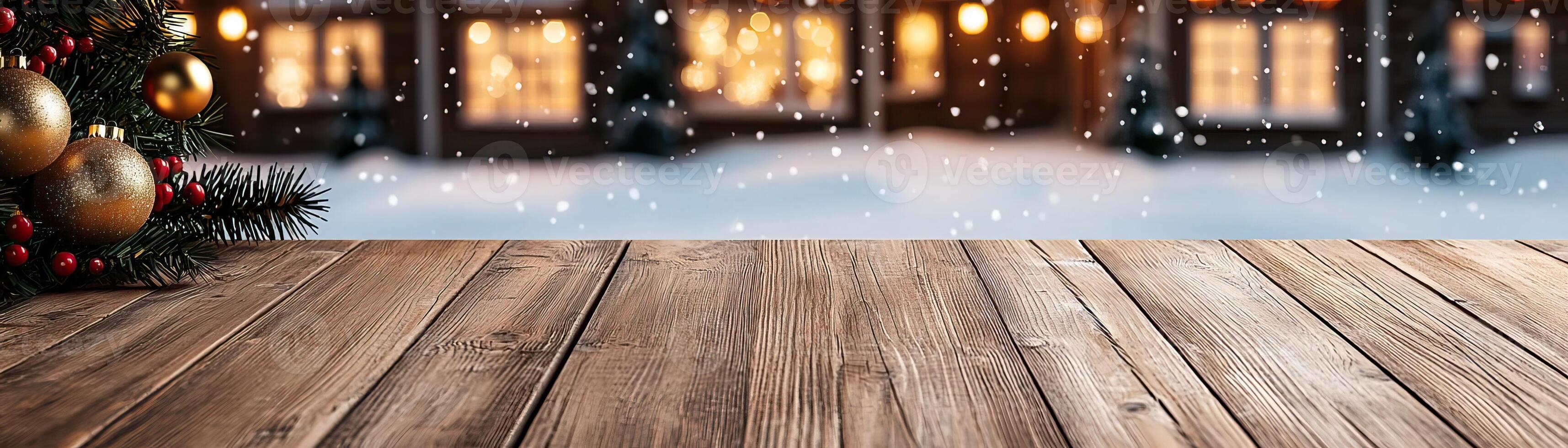 Wooden counter mockup set against a snowy Christmas village background with lit windows and festive decorations, editorial photography, empty space for text on side photo