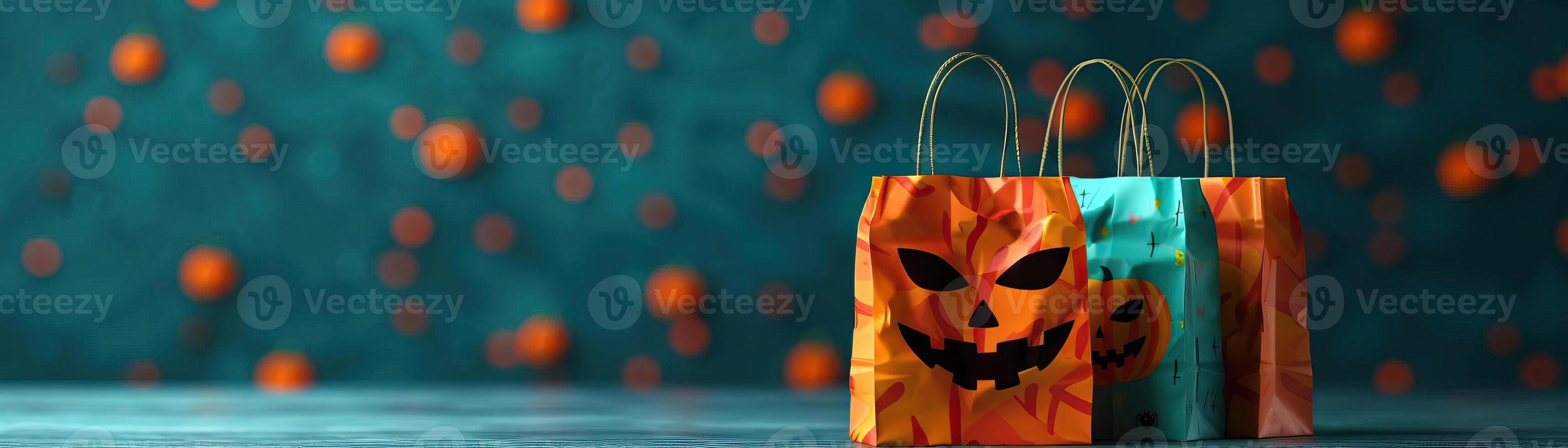 Candy bags with Halloween motifs, filled with treats, festive and spooky atmosphere, editorial photography, empty copy space on the right photo