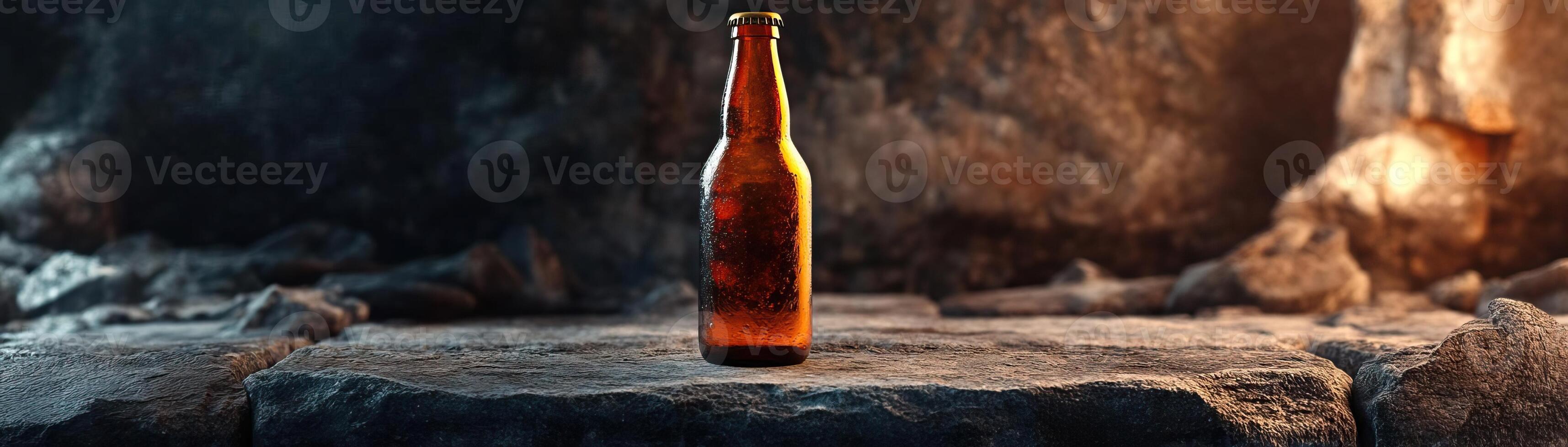 1 A zenlike setting with a single craft beer bottle centered on a stone slab, the composition against a cool, textured background, wide space for copy on one side photo