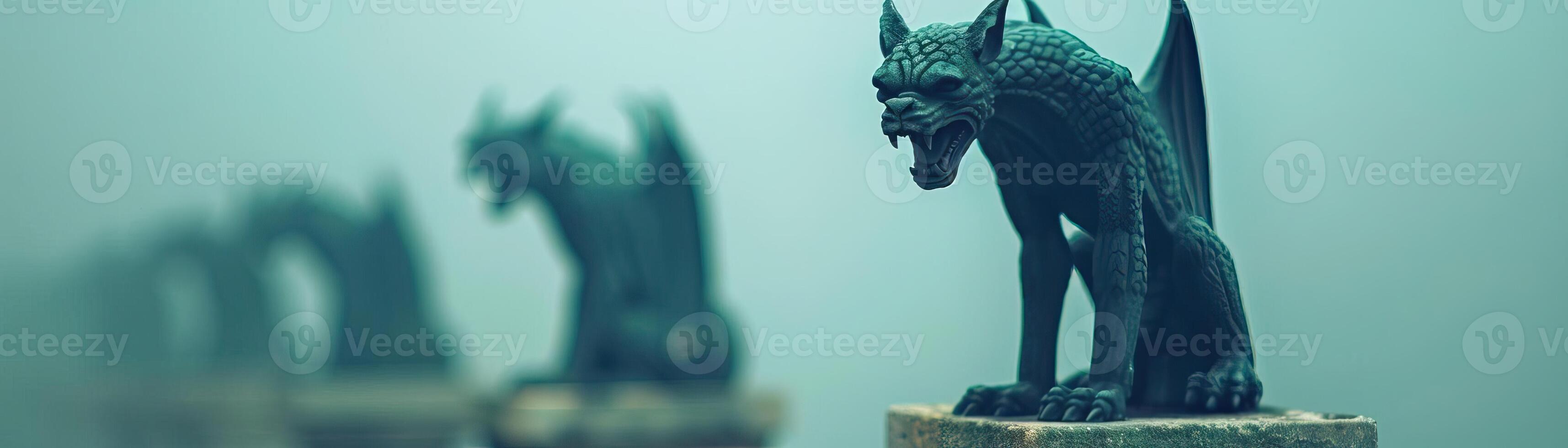 Gargoyles with fierce expressions atop pedestals, haunting and mystical scene, editorial shot, empty copy space for text photo