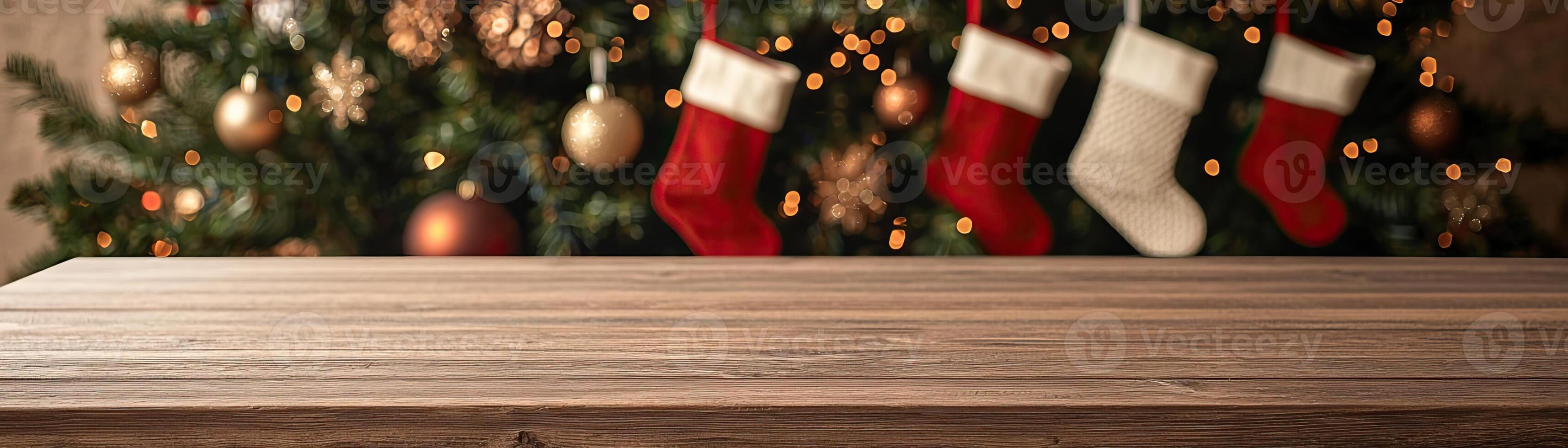Rustic wooden counter mockup against a cozy Christmas backdrop with a decorated tree and stockings, warm holiday ambiance, editorial shot, empty copy space for text on side photo
