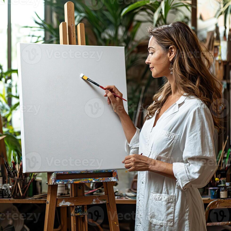 Artist in a contemporary studio, brush poised above a blank canvas, taking the first step in creating her artwork, creative hobby, focused and inspired photo