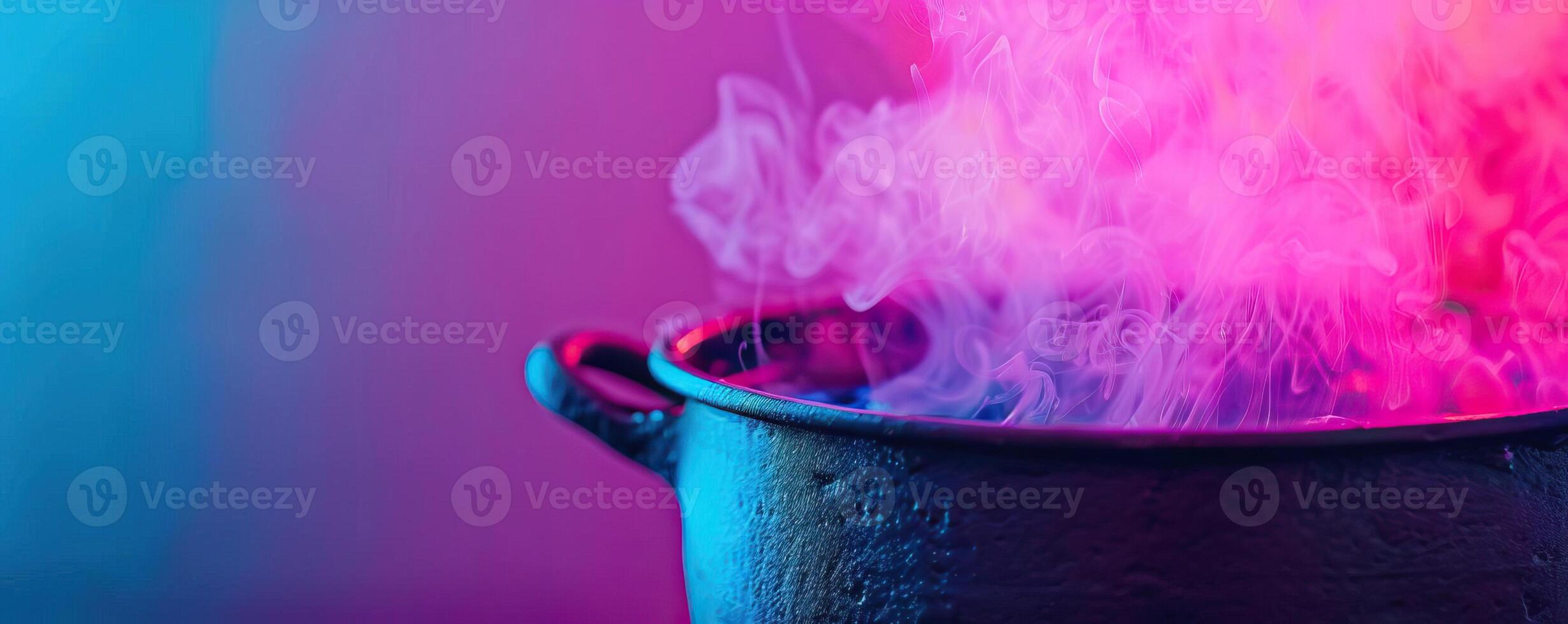 Close-up of a witch's cauldron with swirling magical smoke, creating a mystical background, editorial photography, empty space for text on left photo